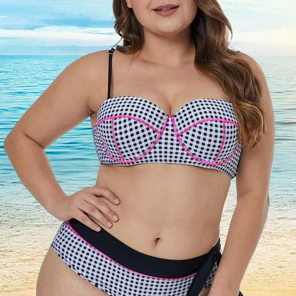 Dreamkue White Contrast Piping Tartan Printed Pattern Plus Size Bikini - Picture 4 of 6